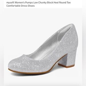 Mysoft Glittering Silver Block Heel Pumps